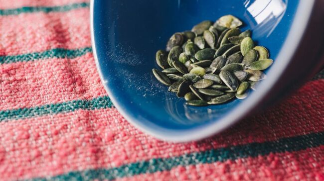 Close-up of pumpkin seeds in a blue bowl on a red patterned cloth. - Photo by João Jesus on Pexels