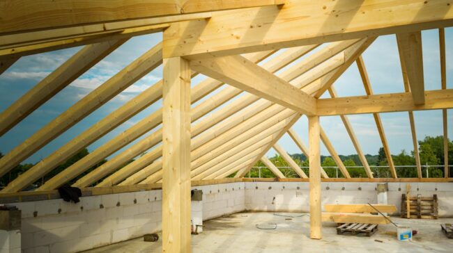 Unfinished construction site with a focus on wooden roof trusses under a clear sky. - Photo by Saeed Khokhar on Pexels