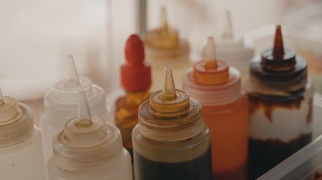 Close-up of various condiment squeeze bottles in a food preparation setting. - Photo by Tima Miroshnichenko on Pexels