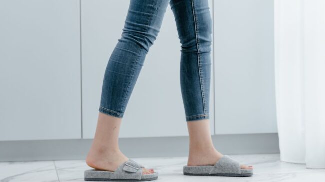 Close-up of a person wearing jeans and gray slippers, walking indoors. - Photo by MART PRODUCTION on Pexels